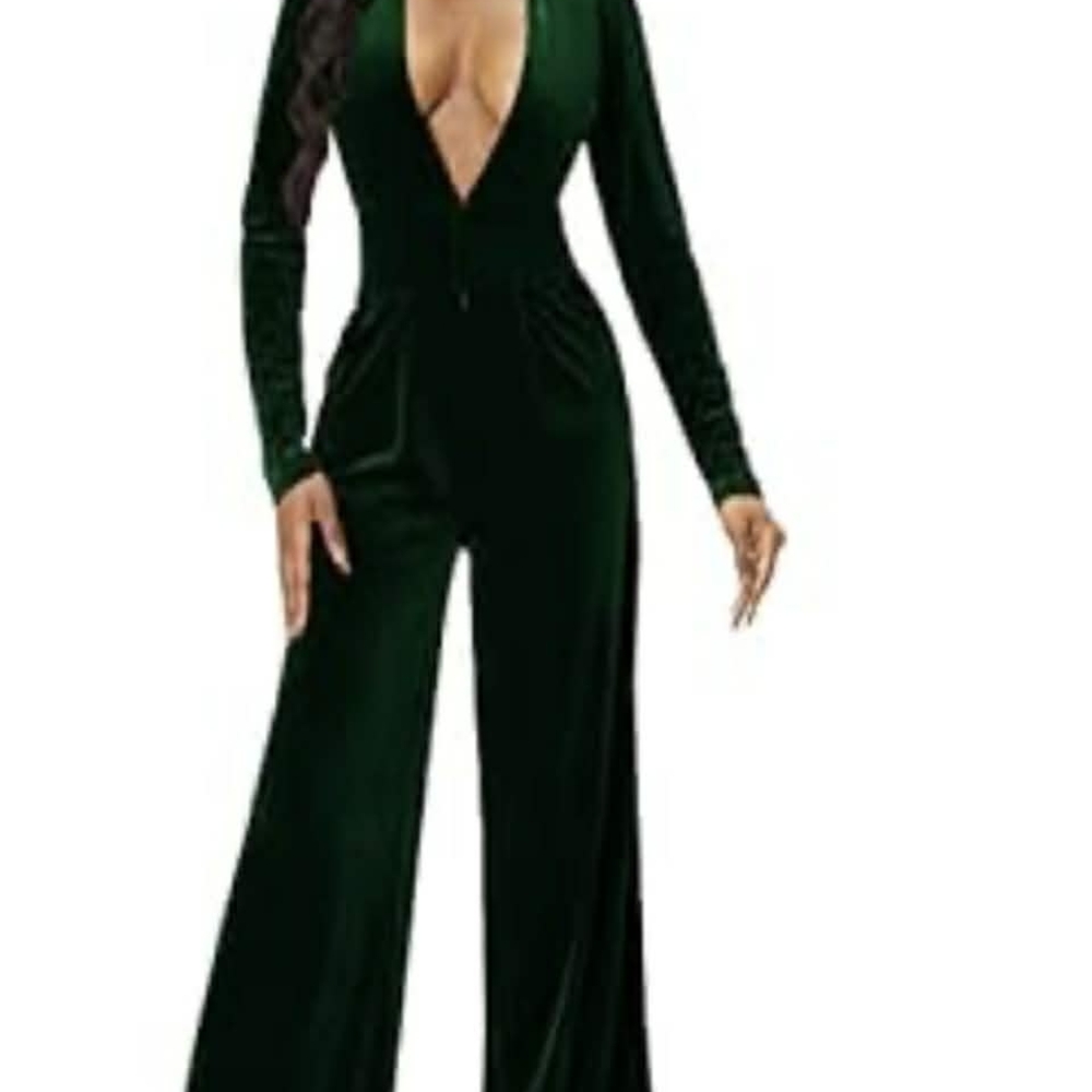 Deep V Long Sleeve Velvet Jumpsuit in Dark Green